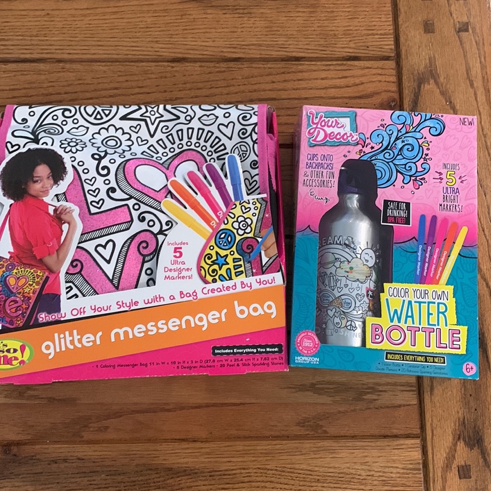 Color your own messenger bag and water bottle